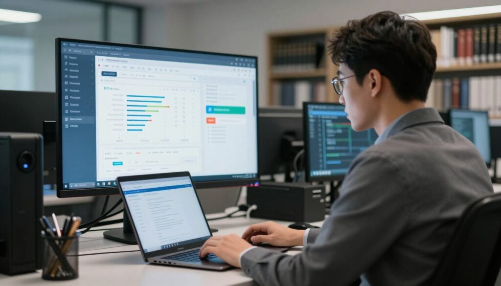A modern office environment depicting a Windows patch management scenario. In the foreground, a professional IT technician in business attire is seated at a desk, intently focused on a laptop screen displaying a Windows update interface. The middle layer features a large monitor showcasing a patch management dashboard with graphs and notifications about system vulnerabilities. In the background, shelves lined with tech books and equipment create a technological ambiance, with soft overhead lighting illuminating the scene. The atmosphere is one of concentration and efficiency, suggesting a proactive approach to cybersecurity. The image should have a slightly blurred depth of field to emphasize the technician's focused work, capturing the essence of modern patch management practices.