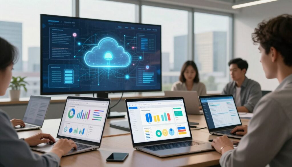A modern office environment featuring various automation tools and cloud platforms. In the foreground, there are sleek laptops displaying dashboards of business process automation software, surrounded by colorful charts and analytics. The middle section showcases a large screen with holographic representations of cloud servers and interconnected networks, emphasizing data flow and integration. In the background, a bright window reveals a bustling cityscape, symbolizing the impact of technology on business. The lighting is warm and inviting, with soft reflections on glass surfaces, creating a professional and inspiring atmosphere. The image should focus on technology and teamwork, with no people present, delivering a sense of innovation and efficiency. Aim for a clear perspective that captures the evolving landscape of business automation tools.