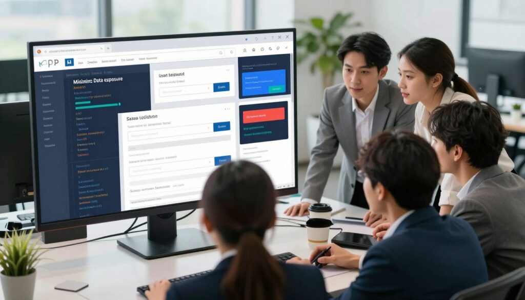 A modern office environment focused on user input validation for APIs. In the foreground, a diverse team of professionals, dressed in business attire, collaboratively reviewing a website interface displayed on a large screen, which shows various input fields being validated. In the middle ground, vibrant visuals of code and validation error messages are depicted on the screen, demonstrating the concept of minimizing data exposure. The background features sleek office furniture, plants, and a window with natural light flooding in, creating a bright and productive atmosphere. Soft, focused lighting enhances the clarity of the screen and the expressions of concentration on the team members’ faces, all captured from a slightly elevated angle to emphasize teamwork and engagement in a secure API environment.