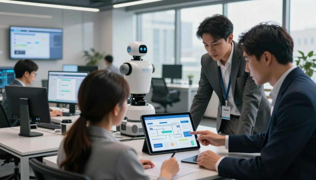 A modern office environment illustrating the concept of business process automation. In the foreground, a diverse group of professionals in business attire collaborates around a digital tablet displaying workflow diagrams and analytics. In the middle, sleek office furniture, advanced technology like robots and screens showing automated workflows create a sense of innovation. The background features large windows allowing natural light, with a cityscape view to emphasize a dynamic business setting. The scene conveys a mood of efficiency and forward-thinking, with soft, warm lighting highlighting the teamwork and technology. The angle focuses on the professionals engaging with the technology, showcasing collaboration and automation in action, free of any text or branding.