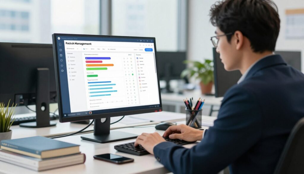 A modern office environment showcasing a focused IT professional working on a computer screen displaying patch management software. In the foreground, the IT specialist, wearing smart business attire, intently reviews a dashboard filled with colorful update notifications and progress bars. In the middle, a desk cluttered with technical books, documentation, and a smartphone indicates an active work process. The background features a large window allowing natural light to fill the space, highlighting a cityscape view. Soft, diffused lighting creates a mood of productivity and concentration, while a slight depth of field draws attention to the screen's details, emphasizing the importance of effective patch management in maintaining system security and stability.