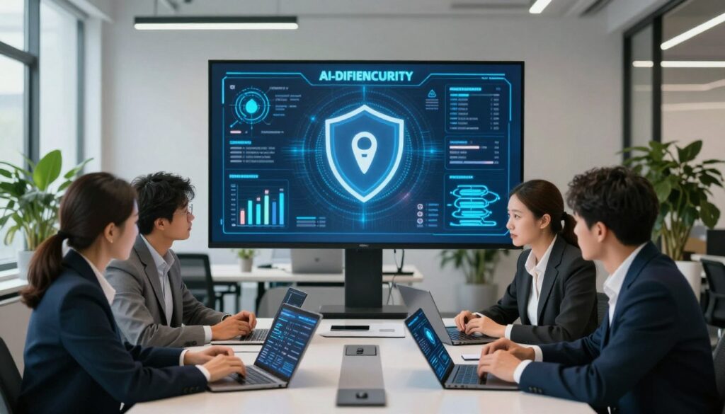 A modern office environment showcasing effective cyber security defense strategies. In the foreground, a diverse group of professionals in business attire engage in a focused discussion around a table, analyzing digital data on tablets and laptops. The middle layer features a large digital screen displaying graphics and stats related to AI-driven security technologies, symbols of firewalls, and defense layers. The background is a sleek, tech-oriented office space with plants and a large window allowing soft, natural light to flood in, creating an inviting atmosphere. The mood is collaborative and innovative, emphasizing teamwork and technology as key elements in safeguarding against cyber threats. The composition should have a balanced perspective, capturing the essence of people, process, and technology in harmony.