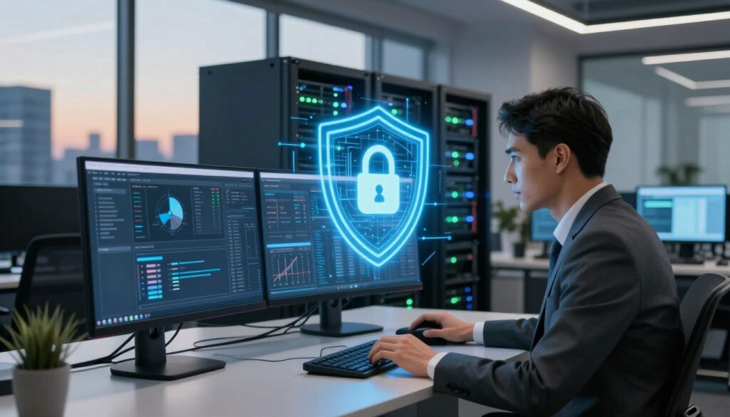 A modern office environment showcasing robust endpoint protection for cybersecurity. In the foreground, a sleek and advanced computer workstation is equipped with a high-resolution monitor displaying security analytics, while a professional in business attire intently reviews data. The middle ground features a secure server rack glowing with LED indicators, emphasizing operational status, juxtaposed with a vibrant virtual defense shield graphic enveloping the devices, symbolizing protection. The background includes a large window revealing a cityscape at dusk, with soft ambient lighting creating a professional yet secure atmosphere. The scene conveys a sense of vigilance and trust, underlined by cool blue and warm gray tones, highlighting the importance of securing endpoints and network perimeters for small businesses.