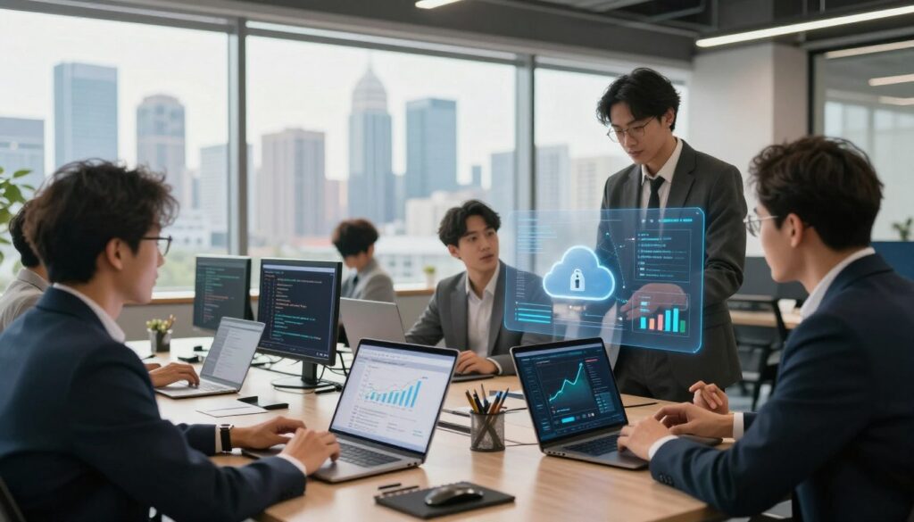 A modern office environment symbolizing security and scalability in SaaS product development. In the foreground, a diverse group of professionals in business attire is engaged in a collaborative discussion, analyzing a digital interface displaying secure cloud storage and growth charts. In the middle ground, sleek workstations with open laptops, showcasing code and analytical graphs representing scalability. The background features a large window revealing a city skyline, symbolizing future growth and ambition, bathed in natural daylight. Soft, warm lighting creates a focused, yet optimistic atmosphere, enhancing the sense of innovation and teamwork. The overall mood should evoke confidence and professionalism, emphasizing the importance of overcoming challenges in a tech-driven world.