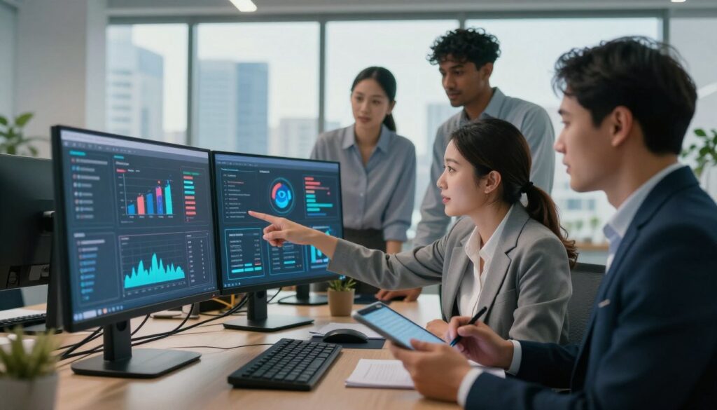 A modern office setting illustrating vulnerability management in cloud security, featuring a diverse team of IT professionals in business attire working collaboratively around a large digital screen displaying security metrics and potential vulnerabilities. In the foreground, a focused woman points at the screen while a man takes notes on a tablet, symbolizing teamwork and communication. The middle ground showcases monitors with graphs and security alerts, adding a sense of urgency. In the background, a large window reveals a city skyline, bathed in natural light, enhancing the atmosphere of a high-tech environment. Soft, warm lighting creates an inviting atmosphere, while a slight blur on the edges draws attention to the team's interaction.