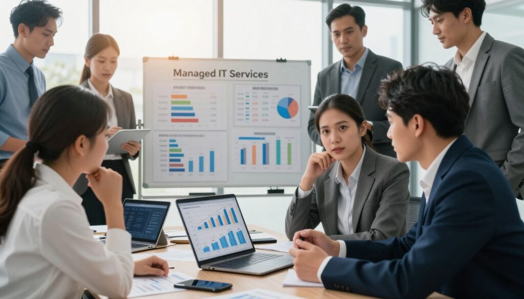 A modern office setting showcasing a diverse group of professionals in business attire, engaged in a discussion about costs and pricing models of managed IT services. In the foreground, a man and a woman are analyzing financial charts and graphs displayed on a laptop, looking thoughtfully at each other. In the middle, a large whiteboard filled with pricing model diagrams and ROI calculations looms behind them, while digital devices like tablets and smartphones are scattered around. The background features a large window with daylight streaming in, casting a warm glow over the scene, enhancing the collaborative atmosphere. The angle is slightly above eye level, providing a comprehensive view of the interaction and the workspace, conveying focus and professionalism.