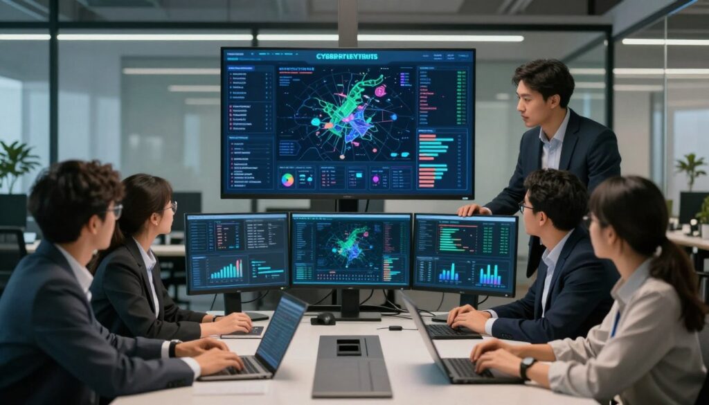 A modern office setting showcasing multiple monitors displaying intricate cybersecurity dashboards and threat intelligence data. In the foreground, a diverse team of cybersecurity professionals, dressed in smart business attire, collaborate around a large conference table, analyzing trends and discussing strategies. The middle layer features a close-up of one monitor displaying visual analytics and maps indicating cyber threats in real-time, with bright colors representing various types of data. The background includes sleek, high-tech office decor with glass walls and soft overhead lighting creating a focused and innovative atmosphere. The scene captures a sense of urgency and expertise, emphasizing teamwork in combatting cyber threats.