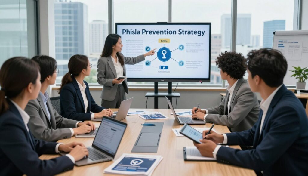 A modern office setting, where a diverse group of professionals in business attire are focused on a large screen displaying a phishing prevention strategy. In the foreground, a woman of Asian descent points at a diagram illustrating phishing tactics, while a man of African descent takes notes on a tablet. The middle ground features a well-lit conference table littered with laptops and security pamphlets. The background shows windows with a city skyline, emphasizing a contemporary work environment. Soft, natural lighting creates a calm atmosphere, promoting teamwork and collaboration. The perspective is slightly above eye level, adding depth and dynamism to the scene, highlighting the importance of cybersecurity awareness.