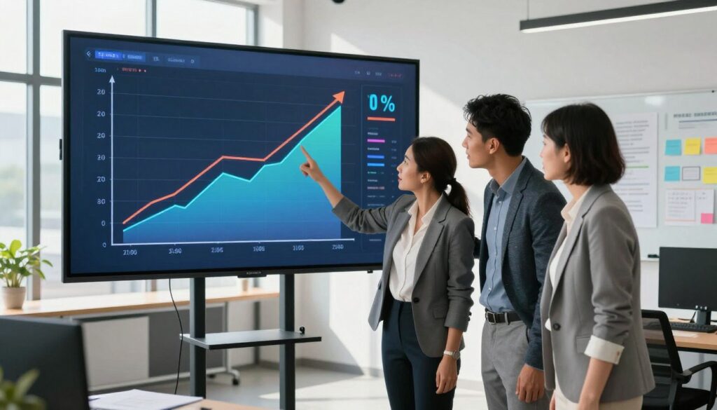A modern office setting with a professional atmosphere showcasing a large digital display screen in the background, featuring a vibrant graph illustrating a rising conversion rate with arrows and percentages. In the foreground, a diverse group of three individuals in business attire—a Caucasian woman, a Hispanic man, and an Asian woman—collaboratively pointing at the screen, wearing expressions of concentration and enthusiasm. Soft natural light from a large window illuminates the room, casting gentle shadows on sleek furniture. The middle ground includes a whiteboard filled with strategic notes and colorful sticky notes, reflecting an organized workspace. The lens captures the scene from a mid-angle to convey depth, while maintaining a clean and polished aesthetic to emphasize professionalism and productivity.