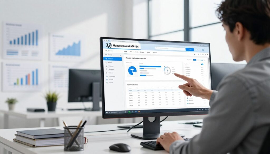 A modern office setting with a sleek workspace featuring a large computer screen displaying a headless WordPress dashboard. In the foreground, a professional person in business attire is analyzing website performance metrics, gesturing towards the screen with a thoughtful expression. The middle ground showcases a wall adorned with digital marketing graphs and SEO strategies, highlighting compliance standards. In the background, a bright window allows natural light to fill the room, casting soft shadows. The atmosphere is focused and industrious, conveying a sense of innovation in digital content management. The color palette is clean with whites and blues, emphasizing a tech-savvy environment. The angle captures the person at a slight side view, fostering an engaging perspective on their work.