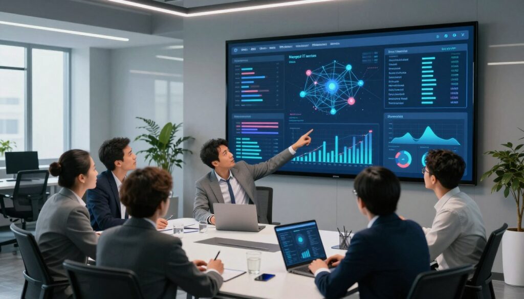 A modern, sleek office environment featuring a large digital dashboard displaying various IT monitoring metrics and analytics. In the foreground, a diverse group of professionals dressed in business attire is engaged in a focused discussion around a high-tech conference table, pointing at the dashboard. The middle layer includes large displays of graphs and network status indicators, highlighting the efficiency and performance of managed IT services. The background shows a contemporary workspace with minimalistic design elements and large windows allowing soft, natural lighting to filter in. The atmosphere is collaborative and productive, conveying a sense of confidence in technology management and support. The scene is captured from a slightly elevated angle to provide depth and clarity.