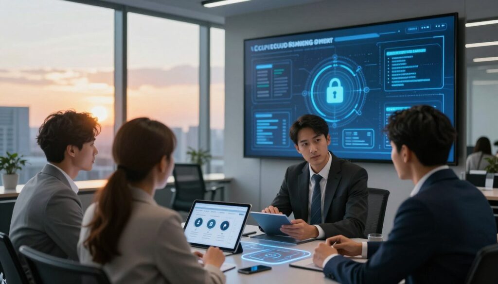 A modern, sleek office environment showcasing a high-tech digital screen displaying a secure key management system. In the foreground, a diverse group of professionals in business attire are engaged in a discussion, analyzing digital keys and certificates on a tablet. The middle ground features a futuristic console with illuminated panels representing data encryption and security protocols. In the background, a panoramic window reveals a city skyline at sunset, casting warm lighting that creates a collaborative and innovative atmosphere. The overall mood is professional yet dynamic, emphasizing the importance of security in cloud computing without hindering team productivity. The composition should have a slight depth of field, focusing on the group while softly blurring the background elements, enhancing the sense of teamwork and focus on key management.