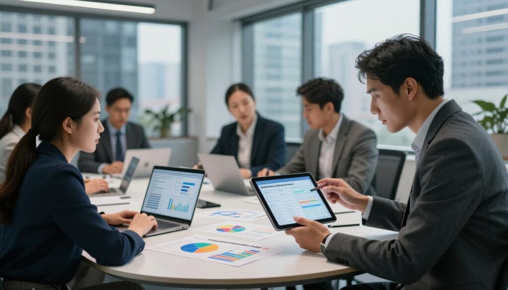 A modern, sleek office environment showcasing diverse professionals engaged in discussions about delivery and engagement models in software development. In the foreground, a man and woman in professional business attire are analyzing project timelines on a digital tablet. The middle ground features a round table with colorful charts, graphs, and laptops, representing collaboration and strategic planning. In the background, large windows offer a view of a bustling cityscape, symbolizing the future of technology and innovation. Soft, ambient lighting creates a positive and focused atmosphere, while a shallow depth of field highlights the main subjects. The overall mood should convey professionalism, teamwork, and forward-thinking approaches.