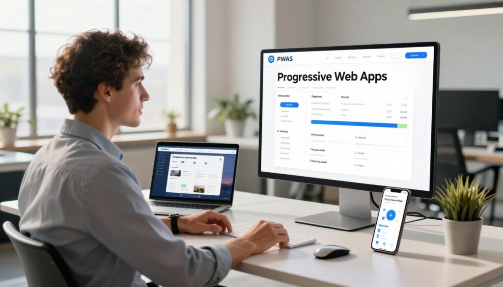 A modern, vibrant digital workspace showcasing the impact of Progressive Web Apps (PWAs) on businesses. In the foreground, a confident professional in business attire interacts with a large touchscreen display showing analytics and metrics of real brands excelling with PWAs. The middle ground features a sleek desk with a laptop displaying a PWA interface, alongside a smartphone illustrating an app-like experience. In the background, a bright, stylish office environment, emphasizing innovation and productivity, with large windows allowing natural light to flood in, creating a warm atmosphere. Soft shadows and dynamic angles add depth, while the overall mood conveys success and forward-thinking technology.