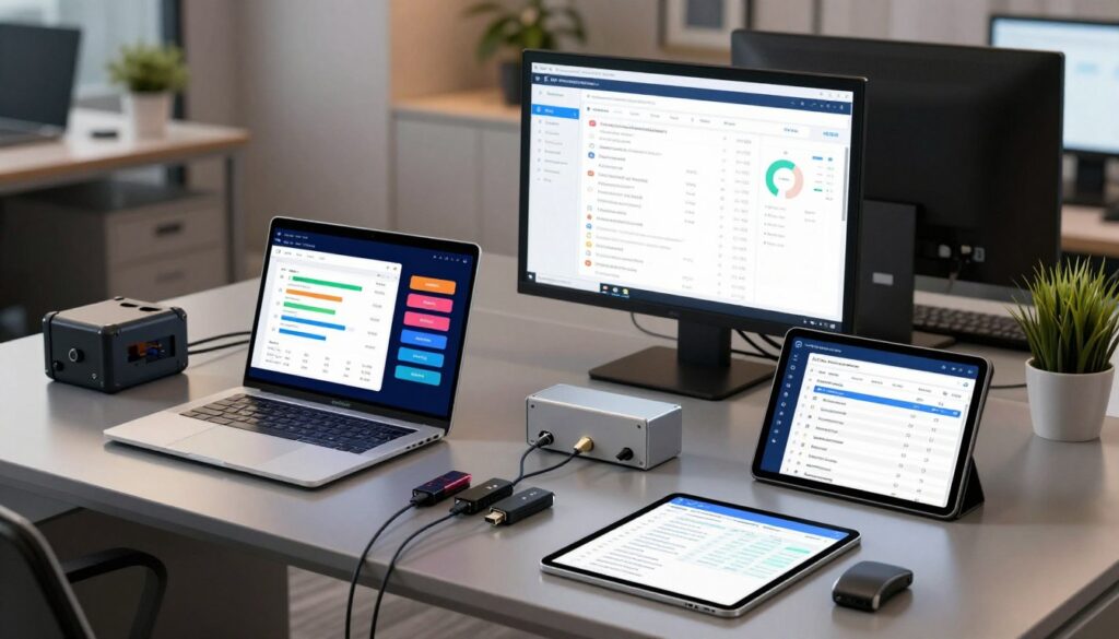 A modern workspace featuring an array of patch deployment tools laid out on a sleek, polished desk. In the foreground, a laptop displays a graphical interface with colorful charts and notifications, symbolizing active patch management. Beside it, a tablet shows a checklist of software updates, and there are various hardware tools like USB drives and network cables, emphasizing automation and efficiency. The middle ground includes a wall-mounted screen showcasing a patch deployment dashboard with real-time analytics. In the background, soft, ambient lighting creates a focused atmosphere, while sleek office decor and potted plants add a touch of professionalism. The angle is a slightly elevated perspective, capturing the organized complexity of patch management tools in action, ensuring a sense of productivity and urgency.