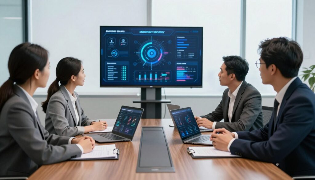 A professional business setting featuring a sleek, modern conference room. In the foreground, a diverse group of four professionals—two men and two women—are engaged in discussion around a polished wooden table, dressed in smart business attire. On the table, there are three distinct folders labeled "Select," "Advanced," and "Total," with digital devices displaying data visualizations. In the middle background, a large screen shows a visual representation of endpoint security, including icons and graphs. The room is brightly lit with soft, natural light filtering through large windows, creating a collaborative and focused atmosphere. The angle of the shot captures the engagement of the professionals with the technology, emphasizing connectivity and decision-making in the realm of cybersecurity.