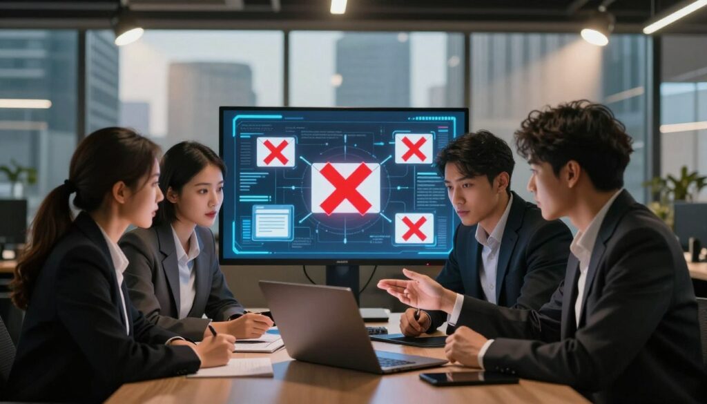 A professional-looking office environment is depicted in the foreground, where a diverse group of three businesspeople, dressed in smart casual attire, actively discuss digital security on a sleek laptop. The middle layer showcases a large monitor displaying a visual graphic of phishing attacks being thwarted, symbolized by bright red "X" marks over email and web icons. In the background, a modern city skyline is visible through large windows, implying connectivity and vigilance. Warm lighting creates an inviting atmosphere, while focused spotlights illuminate key elements, highlighting the importance of cybersecurity. The overall mood is one of determination and collaboration, illustrating a proactive approach to safeguarding small businesses against cyber threats.