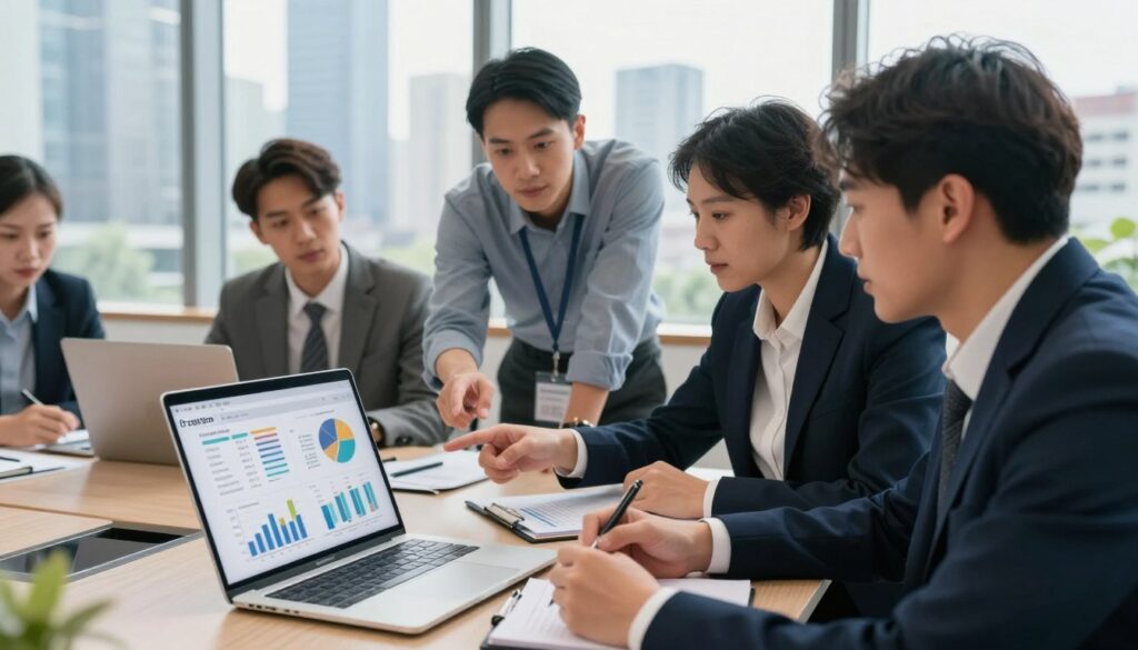A professional, modern office setting where a diverse group of individuals in business attire are intently discussing mobile app costs. In the foreground, a laptop displays charts and graphs illustrating budget components. In the middle ground, two people are actively pointing at the screen, while another individual takes notes. In the background, a large window reveals a city skyline with a bright, sunny day filtering in natural light. The overall atmosphere conveys collaboration and transparency in financial planning for software development. The angle is slightly above eye level, capturing the energy and focus of the team while ensuring a clean and organized workspace.