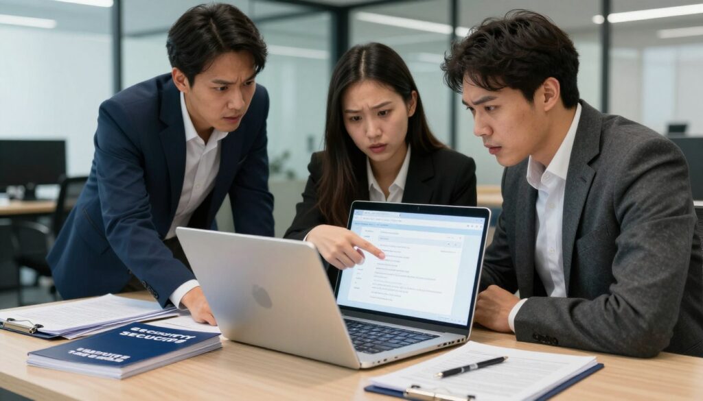 A professional office environment vividly displayed in the foreground, featuring a diverse group of three individuals in business attire engaged in a serious discussion around a laptop. One person is pointing to a suspicious email on the screen, visibly indicating concern, while the others lean in with expressions of focus and determination. In the middle ground, an organized desk is cluttered with security manuals and a notepad filled with notes on phishing tactics. The background reveals an office with glass walls, allowing natural light to filter through, enhancing the atmosphere of urgency and alertness. The lighting is bright yet soft, highlighting the participants' expressions. The composition captures a collaborative spirit, emphasizing immediate action against phishing attempts in a professional, safe setting.