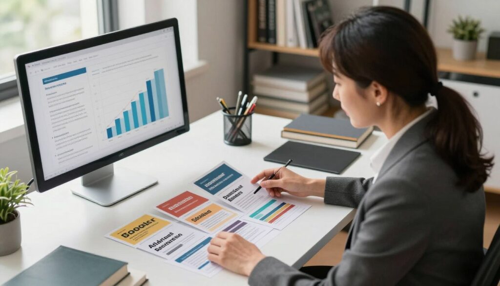 A professional workspace featuring an individual seated at a modern desk, analyzing a selection of topic cards that represent various core themes for authority building in content strategy. In the foreground, focus on the person, a middle-aged woman in a smart business outfit, thoughtfully evaluating the cards spread out before her. The middle ground highlights a large digital screen displaying graphs and keywords related to SEO topics. In the background, a shelf filled with books on marketing and strategy, framed by soft natural light streaming through a window, creating a warm and inspiring atmosphere. The angle is slightly from above, providing a comprehensive view of the workspace, emphasizing focus and clarity. The mood conveys professionalism and strategic planning.