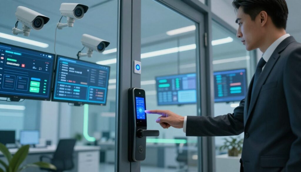 A secure access control environment, featuring a modern digital lock on a sleek glass door, surrounded by high-tech surveillance cameras and biometric sensors. In the foreground, a professional in business attire is scanning their fingerprints on a digital reader, exuding confidence and safety. In the middle ground, an array of security screens displays real-time data on access logs, showing granted and denied entries, emphasizing the theme of tight access management. The background features a futuristic office space with soft blue and green lighting, casting a tech-savvy atmosphere. Use a slightly low-angle perspective to create a sense of security and importance. The mood is serious yet sophisticated, reflecting the essential nature of access security in today's landscape.