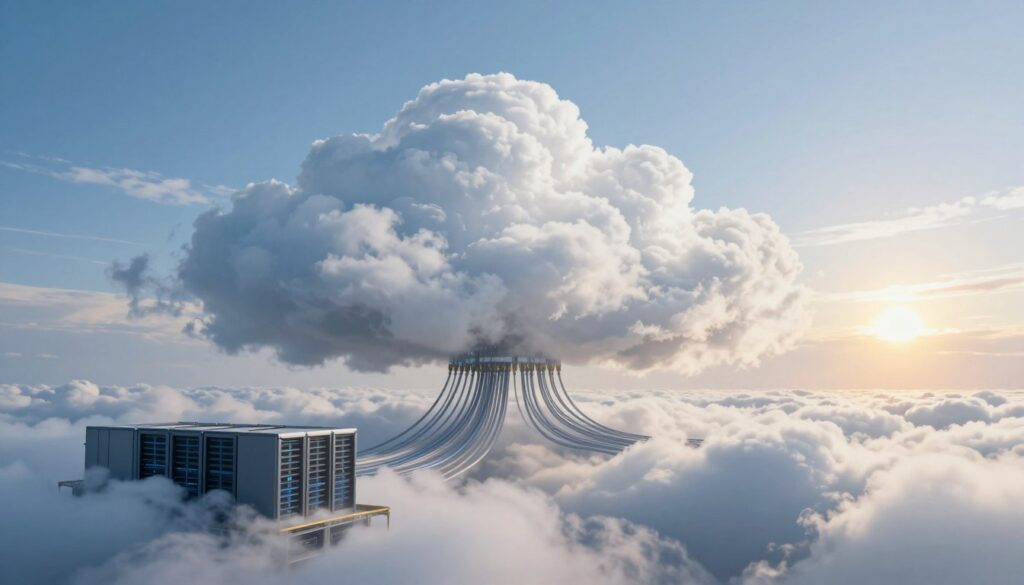 A serene and expansive digital cloud landscape, filled with fluffy white cumulus clouds floating against a bright blue sky. In the foreground, a sleek, modern data center can be seen, with servers and technology representing cloud computing. The middle ground features an intricate network of cables connecting to the cloud, illustrating data flow. The background showcases a sun setting on the horizon, casting a warm golden glow that creates a sense of optimism and future growth. The scene is well-lit, with soft, diffused lighting to enhance the tranquil atmosphere. The image conveys a feeling of reliability and innovation, essential for small businesses considering a cloud-based architecture for their backup and disaster recovery strategy.