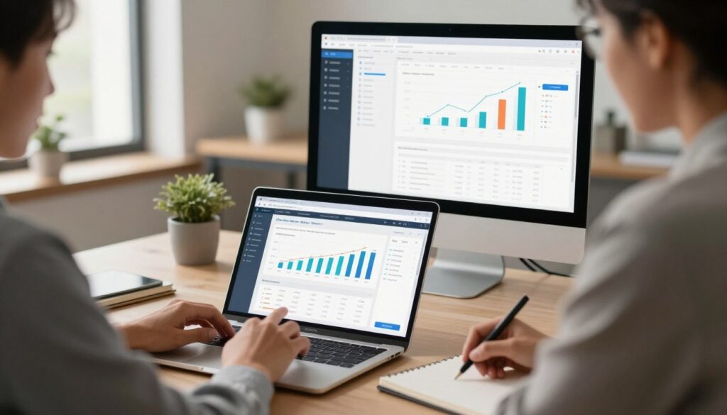 A sleek and modern workspace featuring a laptop open to a detailed Core Web Vitals report, showcasing graphs and metrics related to webpage performance. In the foreground, a business professional, dressed in a smart casual outfit, is intently analyzing the report with a notepad beside them. The middle layer includes a large, clear monitor displaying additional analytics tools, such as charts illustrating real user monitoring data. The background features a soft-focus of a contemporary office with minimalistic decor and a window letting in natural light, creating an airy, inspiring atmosphere. Use warm, inviting lighting to enhance the focus on the workspace, and shoot from a slightly elevated angle to capture the depth of the scene, emphasizing productivity and optimization.