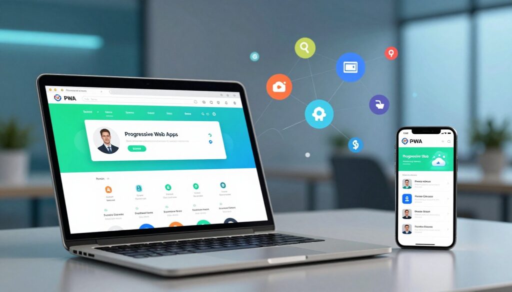 A sleek, modern digital workspace illustrating the concept of Progressive Web Apps (PWA). In the foreground, show a laptop with an open browser displaying a vibrant, app-like interface with seamless navigation. Next to the laptop, a smartphone mirrors the interface, emphasizing responsiveness. In the middle ground, include abstract representations of connectivity, such as colorful web icons and cloud elements symbolizing speed and performance. The background should feature an optimistic, tech-inspired environment with soft blue and green lighting to evoke a sense of innovation and efficiency. Use a slightly blurred depth of field to draw focus on the laptop and smartphone, capturing a professional atmosphere ideal for a tech-savvy audience.