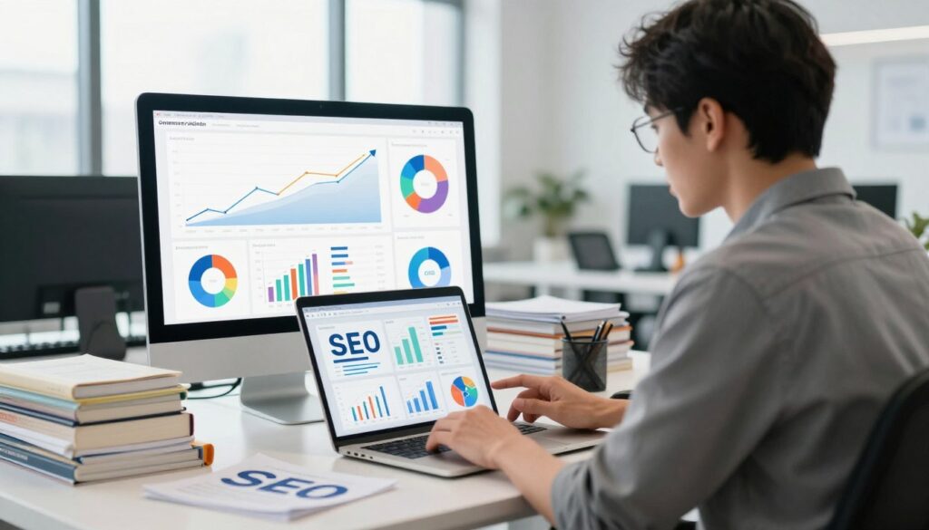 A sleek, modern digital workspace with a focus on Conversion Rate Optimization and SEO synergy. In the foreground, a professional business person in smart casual attire, actively engaging with a laptop displaying analytical graphs and metrics related to SEO performance and conversion rates. In the middle ground, a large monitor shows vibrant charts and growth trends, surrounded by stacks of SEO books and notes. The background features a bright, airy office space with large windows casting soft natural light, creating a motivating and productive atmosphere. The overall mood is one of collaboration and innovation, emphasizing the importance of blending SEO and CRO for sustainable business growth.