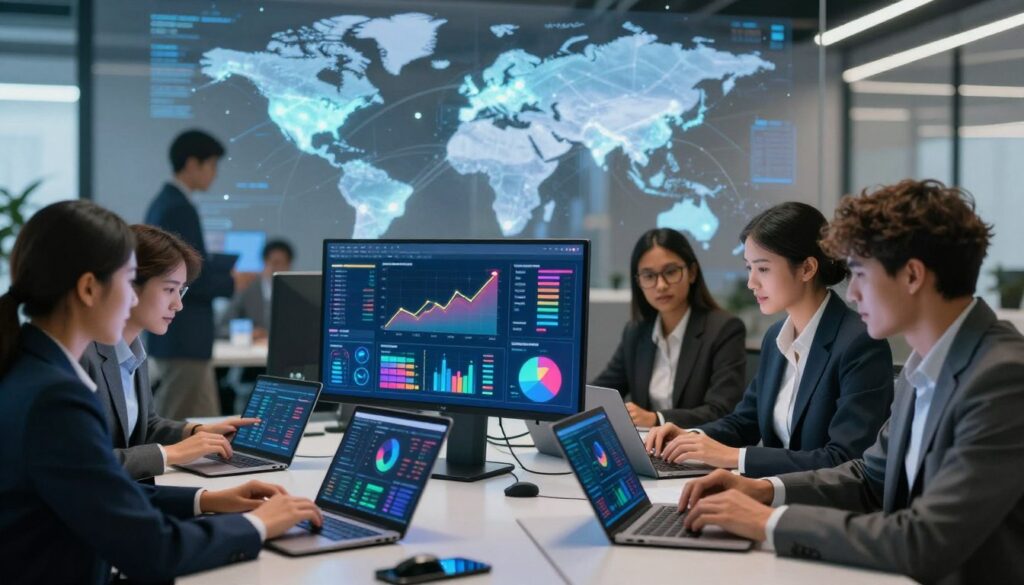 A sleek, modern office workspace bustling with activity, illustrating the concept of speed and performance in Progressive Web Apps. In the foreground, a team of diverse professionals, dressed in smart business attire, collaborates and analyzes data on sleek laptops and tablets, displaying rapid interactions. The middle layer features a large screen showing dynamic graphs and performance metrics, glowing with vibrant colors to emphasize speed and functionality. In the background, a digital world map with glowing nodes represents global connectivity and fast data transfer. The lighting is bright and energetic, with a focus on the screen illuminating the professionals’ faces, creating a dynamic, tech-savvy atmosphere that conveys innovation and efficiency in web technology.