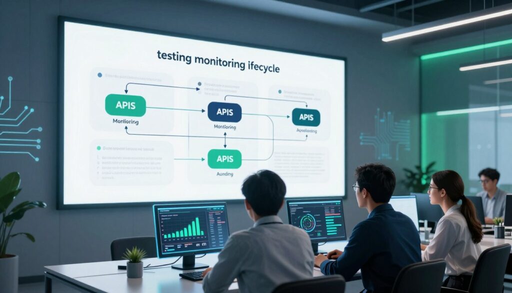 A sleek, modern workspace depicting the "testing monitoring lifecycle" of APIs. In the foreground, a diverse group of three professionals—two men and one woman—are huddled around a high-tech, transparent digital interface showcasing metrics and graphs related to API performance. The middle section features a large wall screen displaying a seamless flowchart illustrating various stages of testing, monitoring, and auditing APIs. In the background, soft blue and green ambient lighting creates a calm atmosphere, with elements like circuit patterns subtly integrated into the ambiance. The overall composition should convey innovation, collaboration, and professionalism, emphasizing the critical importance of continuous monitoring and testing in API security lifecycle management.