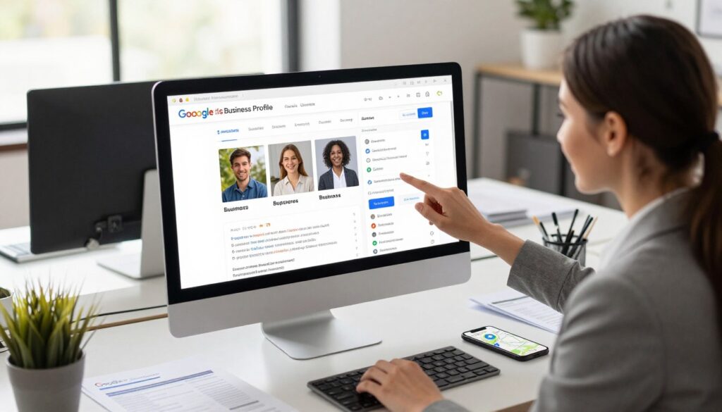 A sleek, modern workspace featuring a computer screen displaying an optimized Google Business Profile interface, focusing on vibrant business details like photos, contact info, and customer reviews. In the foreground, a professional woman in business attire, engaged and smiling, adjusts the profile settings. In the middle ground, a stylish desk cluttered with SEO-related materials and a smartphone showing Google Maps. The background reveals a bright office environment with soft natural lighting cascading through a large window. The mood is energetic and professional, conveying the importance of local SEO and business optimization. Capture from a slightly elevated angle to emphasize the screen and the engaged user.