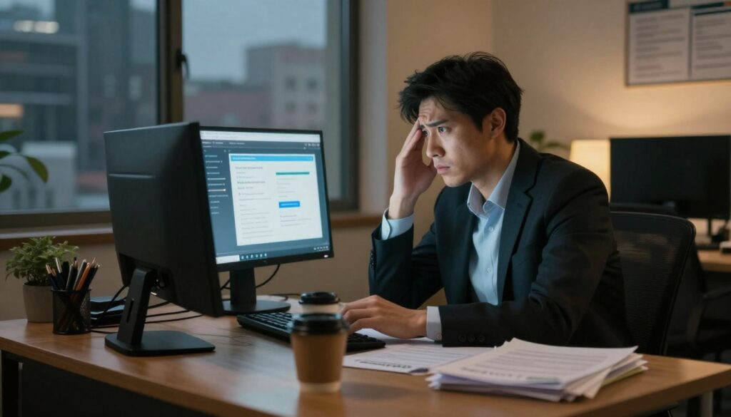 A small business office interior with a worried business owner sitting at a cluttered desk, surrounded by a computer displaying warning signs of cyber threats, like alert notifications and phishing emails. In the foreground, a traditional wooden desk filled with paperwork and a coffee cup, showcasing a sense of urgency. In the middle, the business owner, dressed in professional business attire, has a concerned expression while reviewing cybersecurity tools on the screen. The background features a window with faint silhouettes of city buildings, hinting at the broader environment. The lighting is warm yet dim, suggesting the late hour, creating a mood of apprehension and focus. The angle is slightly tilted, emphasizing the tension of the scene.