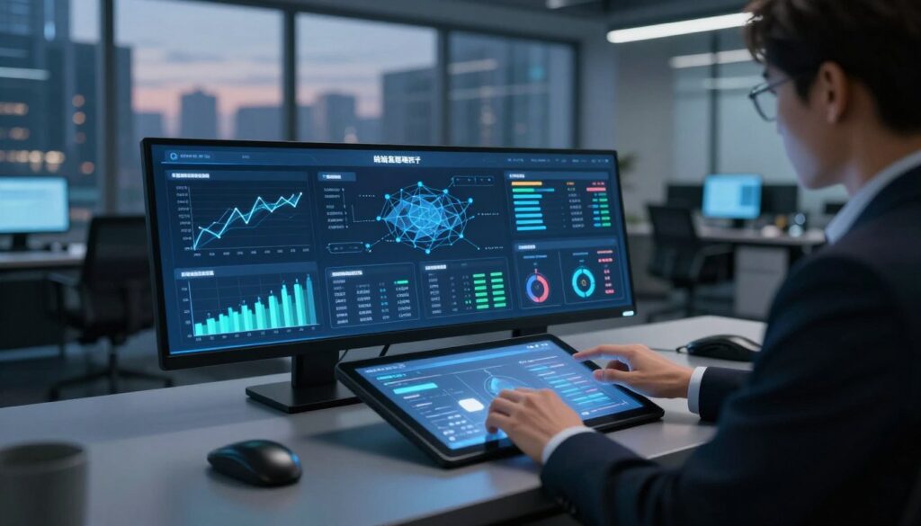 A sophisticated, modern control console featuring a sleek, high-resolution display showing various security metrics and alerts related to endpoint security. In the foreground, a professional individual dressed in business attire is interacting with the console, using a touchscreen interface to manage settings. In the middle, dynamic graphs and charts clearly illustrate network activity and threat levels. The background showcases a dimly lit, high-tech office with large windows revealing a city skyline at dusk, adding to the overall sense of security and control. The lighting is soft yet focused on the console, creating a calm, professional atmosphere. The image should evoke a sense of empowerment and effective management in a business context.