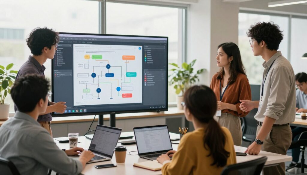 A vibrant editorial workspace that embodies collaboration and creativity in a composable architecture environment. In the foreground, a diverse group of professionals in smart casual attire engage around a large, dynamic digital display showing workflow diagrams and software components. The middle section features a modern desk with laptops, notebooks, and coffee cups, symbolizing productivity. In the background, a large window provides soft, natural light, illuminating the room and creating a warm atmosphere. The mood should convey a sense of teamwork and innovation, emphasizing the interactions among team members as they discuss ideas. The composition should focus on an inviting workspace aura, with a slight depth of field to draw attention to the interactions while maintaining a clear view of the tools and environment around them.