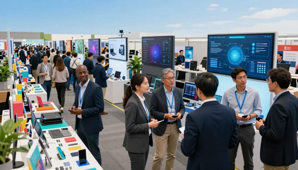 A vibrant market scene bustling with activity, showcasing various stalls filled with colorful software components and modern technology products. In the foreground, a diverse group of professionals in business attire enthusiastically discussing innovative solutions, surrounded by digital displays highlighting software capabilities. The middle ground features dynamic market displays with sleek gadgets and digital interfaces that symbolize agility in the tech industry. In the background, clear blue skies reflect a sense of optimism and progress. The lighting is bright and inviting, creating a lively atmosphere that conveys the urgency and demand for modern composable architecture. The angle captures the market's depth, emphasizing the interaction between technology and community.