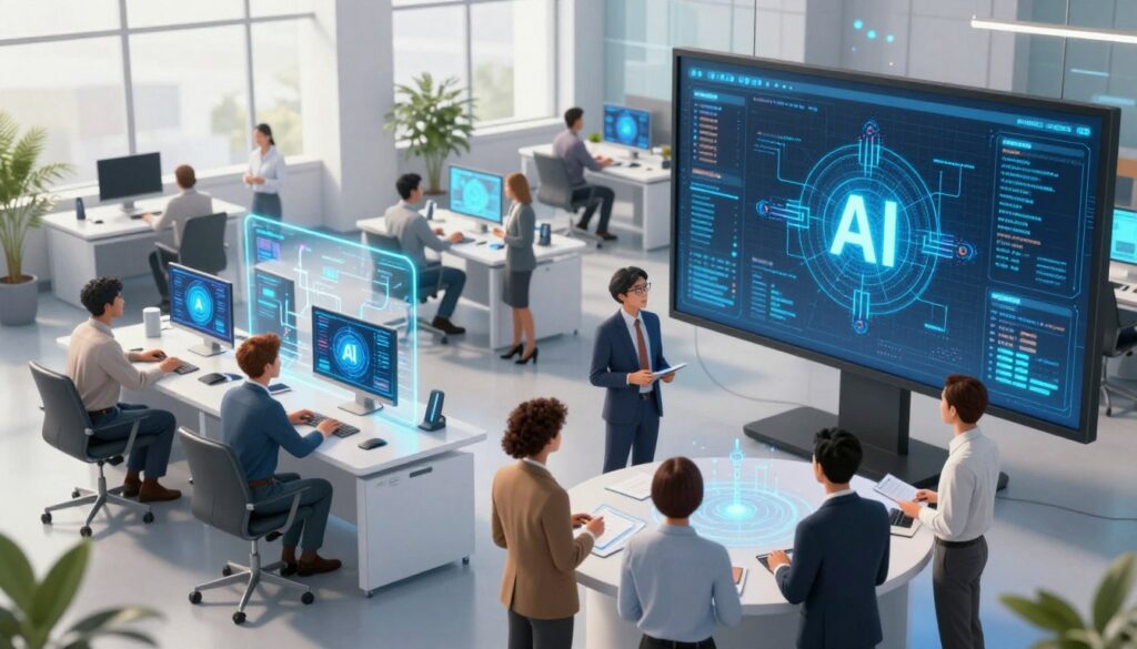 A visually captivating illustration of embedded AI models in a dynamic business environment. In the foreground, depict a diverse group of professionals dressed in business attire, engaging in a collaborative discussion around a large digital screen displaying complex data and algorithms of embedded AI. In the middle ground, show sleek, modern workstations with high-tech devices and holographic displays of AI integration paths. The background features a contemporary office space with large windows allowing natural light to flood the room, creating an atmosphere of innovation and productivity. Use a high-angle shot to emphasize the collaborative nature of AI integration. The overall mood should be vibrant, forward-thinking, and filled with the energy of technological advancement.