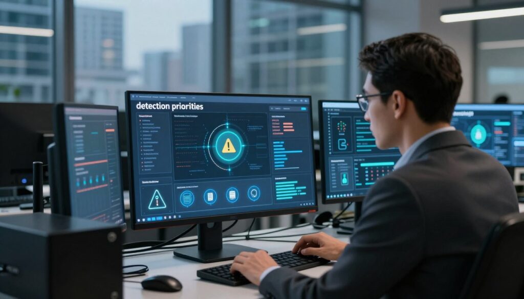 A visually engaging and informative depiction of "detection priorities" related to malware, focusing on indicators, behaviors, and telemetry. In the foreground, a professional analyst in business attire examines a large digital screen filled with graphs, alerts, and icons symbolizing malware detection, like warning signs and suspicious file types. In the middle ground, you see a modern office space with tech equipment and a few computer monitors displaying real-time data feeds. The background features a cityscape viewed through large windows, suggesting a bustling tech environment. Soft, focused lighting highlights the screen and the analyst's concentration, creating a serious yet hopeful atmosphere of vigilance and preparedness in cybersecurity. The scene captures the urgency and importance of monitoring in the fight against malware.