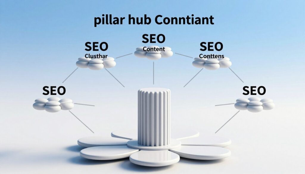 A visually engaging diagram showcasing the "pillar hub topic cluster" concept for SEO content strategy. In the foreground, a large, central pillar page visual, depicted as a structured column representing foundational content, surrounded by smaller cluster topics branching out like flower petals. In the middle ground, lines connecting the pillar to these cluster topics, symbolizing the relationship and flow of information. The background is a soft gradient of blue and white, creating a clean, professional atmosphere. Use natural light to emphasize clarity and detail, with a slight lens blur on the edges to draw focus to the central elements. The overall mood should feel organized and collaborative, embodying the idea of connectivity in content strategy.