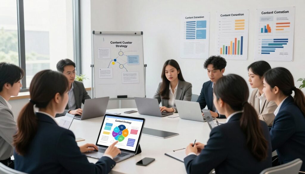 A visually engaging illustration of a "Content Cluster Strategy" workspace, showcasing a diverse group of professionals in business attire collaborating around a large, circular conference table. In the foreground, a woman points at a digital tablet displaying colorful diagrams of content clusters and SEO strategies. In the middle, a whiteboard filled with notes and mind maps emphasizes the planning phase. The background displays a wall adorned with infographic posters on ongoing content expansion and traffic generation techniques. Soft, natural lighting from large windows illuminates the scene, creating an inspiring, focused atmosphere. The image captures teamwork and strategic thinking, emphasizing clarity and innovation in digital content marketing.