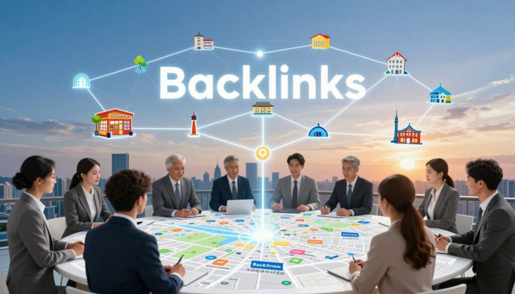 A visually engaging representation of backlinks, featuring a network of glowing, interconnected links symbolizing digital connections in a professional, local business context. In the foreground, showcase a diverse group of professionals in smart business attire, collaborating around a large digital map displaying local businesses. The middle ground presents vibrant city elements like shopfronts and landmarks, each connected by bright, flowing lines representing backlinks. The background should depict a clear blue sky transitioning into a warm sunset, symbolizing growth and opportunity. Utilize soft, ambient lighting to create an inviting atmosphere, and capture the scene from a slightly elevated angle to provide a broad perspective of the interconnected network, emphasizing the importance of local backlinks in SEO.