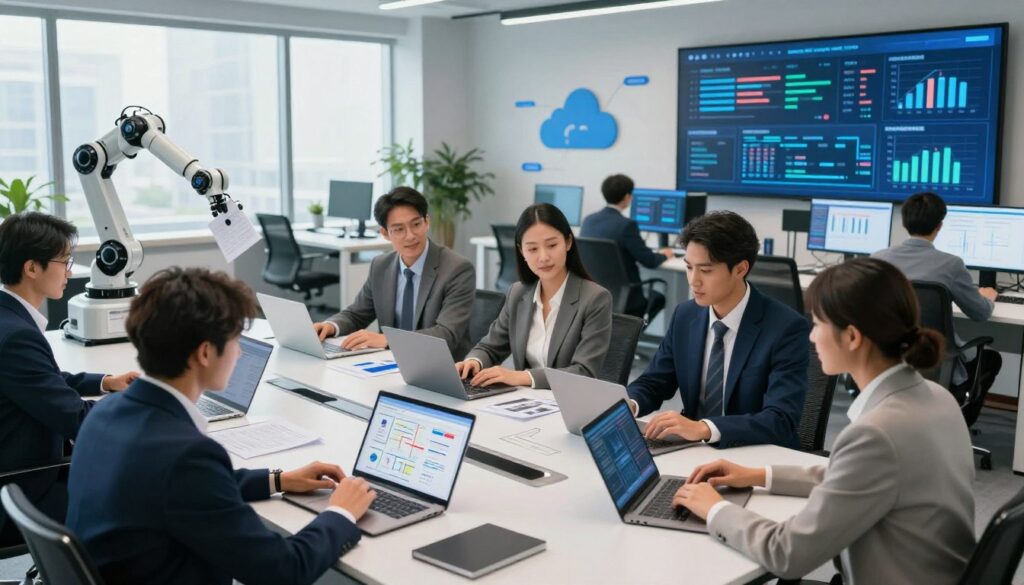 A visually engaging representation of different types of business automation in a modern office setting. In the foreground, showcase a diverse group of professionals dressed in smart business attire, collaborating around a sleek conference table, analyzing flowcharts and digital tools on laptops. In the middle ground, depict various automated processes, including robotic process automation (RPA) represented by robotic arms handling paperwork, and AI-driven analytics displayed on screens. In the background, illustrate a vibrant office environment with digital dashboards visualizing workflow automation metrics and cloud-based tools. Soft, natural light filters through large windows, creating a productive and focused atmosphere. Use a wide-angle lens to capture the depth of the workspace, emphasizing innovation and teamwork in business automation.