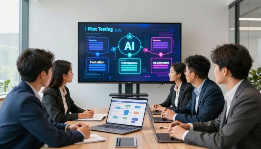 A visually engaging step-by-step implementation scene showcasing the process of integrating AI into a business workflow. In the foreground, a diverse group of professionals, dressed in smart business attire, is gathered around a conference table, examining a sleek laptop displaying a flowchart of the AI implementation stages. In the middle ground, a large digital screen illustrates key phases: "Pilot Testing", "Evaluation", and "Full Deployment", highlighted with vibrant graphics. The background features a modern office setting with large windows allowing natural light to flood the room, creating an inspiring atmosphere. Soft shadows cast by the overhead lights add depth. The camera angle is slightly elevated, providing a clear overview of the collaborative effort, evoking a sense of professionalism and innovation.