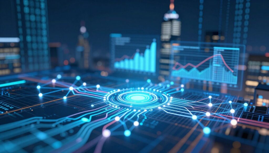 A visually striking representation of machine learning patterns in cyber security. In the foreground, intricate, glowing neural network diagrams with interconnected nodes and vibrant data flow lines represent complex algorithms at work. The middle ground features abstract data visualizations, such as graphs and charts, emerging from a digital landscape. The background consists of a soft-focus city skyline made of binary code, suggesting a modern, tech-centric environment. The scene is illuminated by a cool, bluish light, creating a high-tech atmosphere. The angle is slightly tilted to add depth, and the overall mood is one of innovation and sophistication.