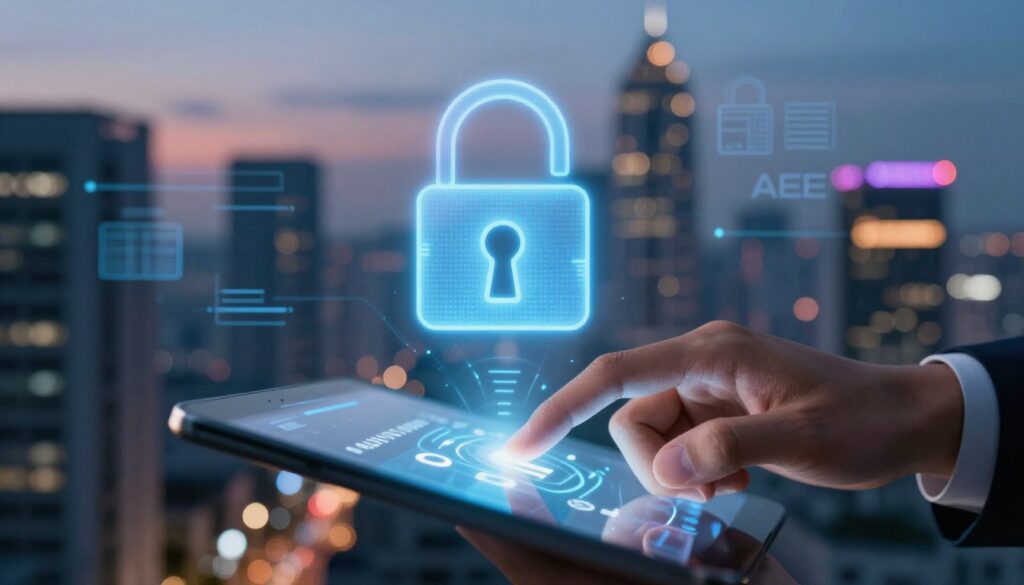 A visually striking representation of strong authentication and authorization methods in web security. In the foreground, a hand is shown inputting a secure password on a modern touchscreen interface, with biometric scanning features glowingly highlighted. The middle ground features a digital lock symbol, emanating a soft blue light, representing security and protection. In the background, a blurred cityscape of a tech-driven urban environment with neon signs subtly highlighting cybersecurity themes, under a twilight sky. The lighting is sleek and professional, creating a sense of urgency and importance. The mood conveys confidence and reliability, while the overall atmosphere is charged with technological sophistication.