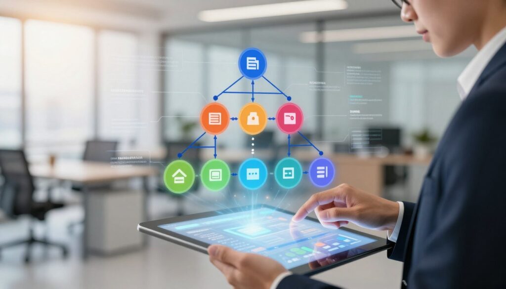 A visually striking representation of structured data, featuring a central 3D digital schema markup diagram, showcasing interconnected nodes and hierarchy in a vibrant color palette. In the foreground, add a professional individual in business attire, thoughtfully analyzing the structured data on a high-tech touchscreen interface, with their hand poised on the screen. The middle ground displays layers of data streams and icons representing various schema types like articles, products, and reviews, all illuminating the connections. The background features a softly blurred modern office environment bathed in warm, natural light, suggesting a sense of innovation and professionalism. Aim for a balanced composition that conveys clarity and the importance of structured data in enhancing AI comprehension, while maintaining a polished, modern aesthetic.