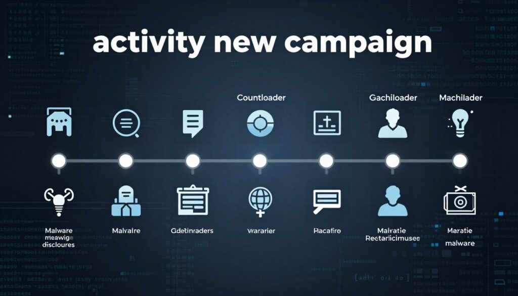A visually striking timeline graphic illustrating an "activity new campaign" related to cyber threats. In the foreground, sleek, stylized icons represent various events such as malware disclosures and key players in the tech industry. The middle layer features a chronological timeline with highlighted dates and connecting lines, showcasing significant milestones in the spread of CountLoader and GachiLoader malware. The background contains a subtle digital texture, reminiscent of computer code or a hacker's interface, in cool tones of blue and gray to set a serious tone. Soft, focused lighting highlights the icons and timeline, creating a sense of urgency and importance. The overall mood is tense but organized, evoking a professional atmosphere suitable for an analytical article.