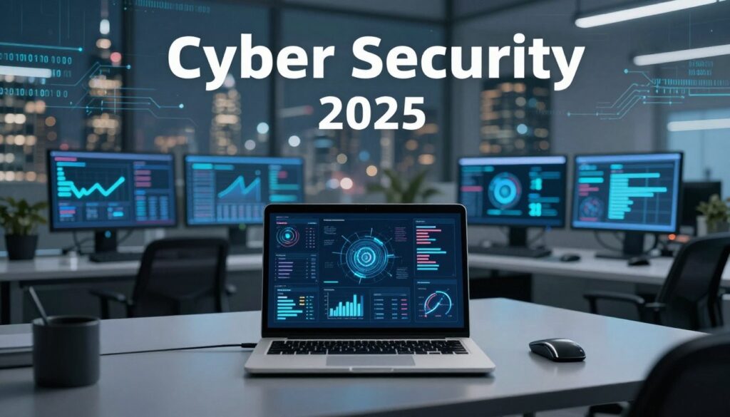 A visually striking trends report centered around cyber security for the year 2025. In the foreground, an open laptop displays complex data visualizations like graphs and charts, reflecting cyber threats and trends. The middle ground features a sleek office desktop with cyber security tools, data analytics software, and futuristic devices, showcasing innovation. The background has a blurred city skyline with digital elements, such as binary code and circuit patterns, representing the technology landscape. Soft, cool lighting illuminates the scene, creating a professional and tech-savvy atmosphere. The overall mood is focused and analytical, emphasizing the importance of cyber security awareness for businesses.