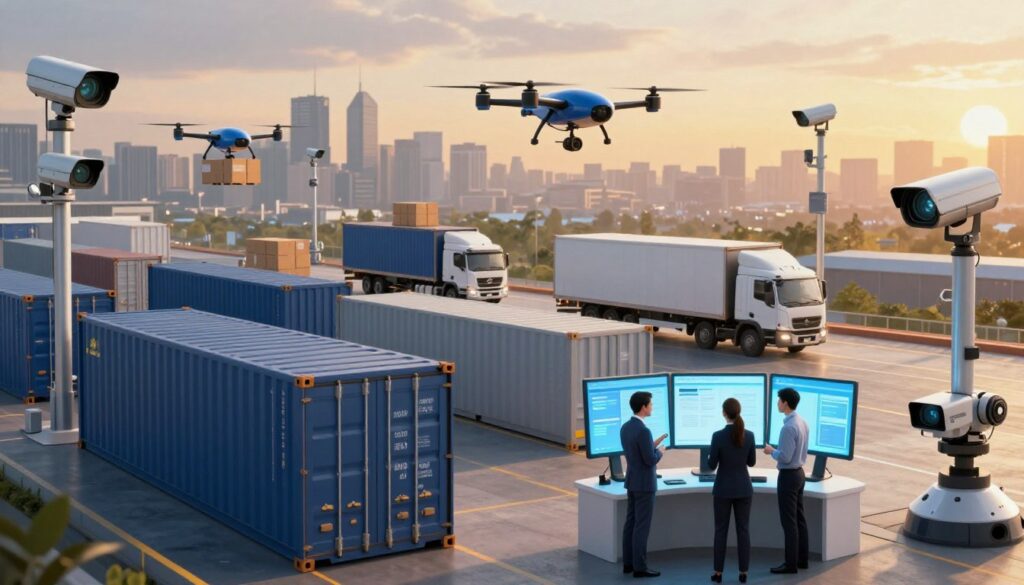 An intricate digital illustration of a secure supply chain, featuring a sleek, modern logistics facility in the foreground, with professionals in business attire inspecting containers and monitoring screens, emphasizing collaboration. In the middle ground, there are trucks and delivery drones efficiently moving goods surrounded by high-tech surveillance cameras and security robots, symbolizing robust security practices. The background showcases a city skyline, suggesting the broader economic impact, under a twilight sky with warm, golden lighting casting a sense of urgency and responsibility. The atmosphere should feel tense yet hopeful, reflecting the critical nature of addressing third-party cyber risk with a sense of teamwork and vigilance in the supply chain security landscape.