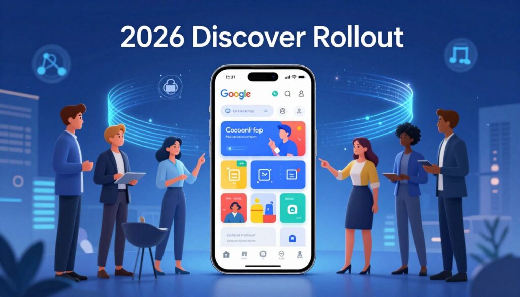 A dynamic digital illustration representing the "2026 Discover Rollout" for Google's core update. In the foreground, display a sleek, futuristic smartphone showcasing the Google Discover interface, with vibrant, interactive content tiles glowing softly. The middle ground features diverse, professional individuals in smart business attire, engaged in a discussion, pointing towards the phone, conveying collaboration and innovation. In the background, abstract representations of data streams and algorithms swirl, illuminated by a cool bluish light, symbolizing technology and digital transformation. The overall mood is optimistic and energizing, emphasizing progress and forward-thinking. Use a wide-angle lens effect to create depth, ensuring the focus remains on the central phone while softly blurring the background elements. A dynamic digital illustration representing the "2026 Discover Rollout" for Google's core update. In the foreground, display a sleek, futuristic smartphone showcasing the Google Discover interface, with vibrant, interactive content tiles glowing softly. The middle ground features diverse, professional individuals in smart business attire, engaged in a discussion, pointing towards the phone, conveying collaboration and innovation. In the background, abstract representations of data streams and algorithms swirl, illuminated by a cool bluish light, symbolizing technology and digital transformation. The overall mood is optimistic and energizing, emphasizing progress and forward-thinking. Use a wide-angle lens effect to create depth, ensuring the focus remains on the central phone while softly blurring the background elements.